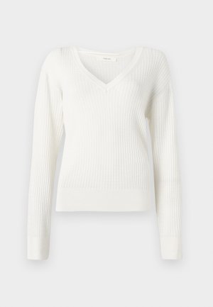 White long-sleeve knit sweater with V-neck and textured pattern, ribbed cuffs, and hem, displayed against a plain background.