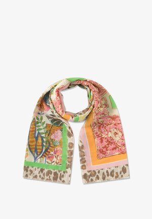 Foulard léger avec motifs floraux multicolores, géométriques et léopard, présenté plié avec les extrémités pendantes.