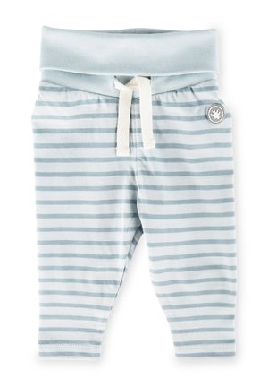 Helleblaue gestreifte Hose aus weichem Stoff, mit elastischem Bund, Kordelzug und einem runden Logopatch auf der Vorderseite.
