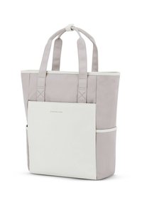 Bolso tote de color gris claro con acentos en crema. Fabricado con tela duradera, presenta dos asas resistentes y un bolsillo frontal. Diseño limpio y minimalista.