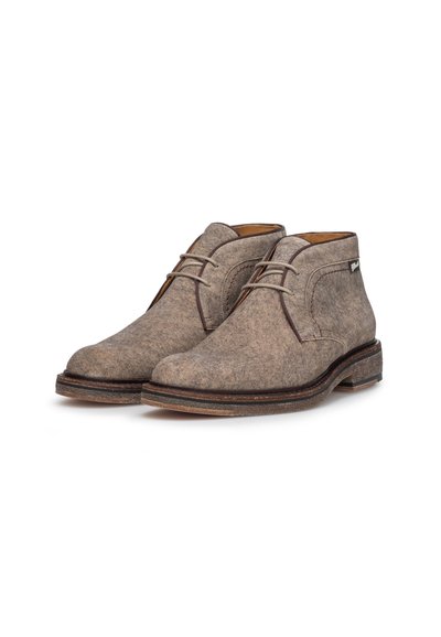 Pair of gray felt lace-up ankle boots with brown soles and low heels on a white background.