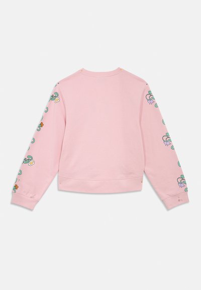 Ružová mikina s dlhými rukávmi, zdobená farebnou kvetinovou výšivkou pozdĺž rukávov. Mäkká látka, rebrované manžety a lem, pohodlný strih.