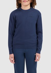 Marineblauer Strickpullover mit Rundhalsausschnitt, gerippten Bündchen und Saum, mit einem dezenten Logo auf der Brust; durchgehend glatte Textur.