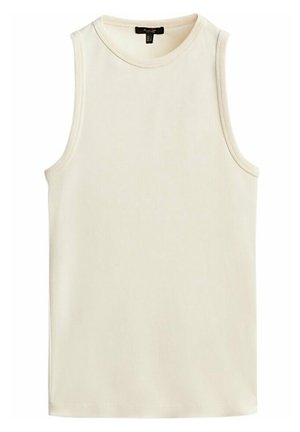 Sleeveless cream-colored ribbed knit tank top with crew neckline and branded black label inside collar.