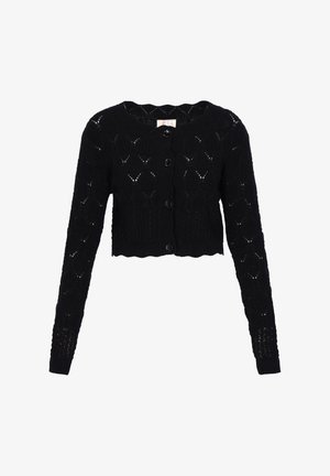 Sort cropped cardigan med lange ærmer, der har et tekstureret, åbenstrikket mønster og fire sorte knapper foran. Flosset halsudskæring.