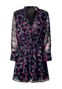 Robe noire transparente avec un motif floral en violet, rose et gris. Elle possède des manches longues, une taille cintrée et un col.
