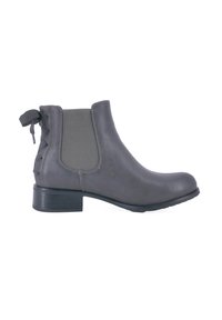 Botte noire en cuir avec des panneaux latéraux élastiques, un détail de lacage décoratif à l'arrière, et un petit talon carré pour plus de stabilité.