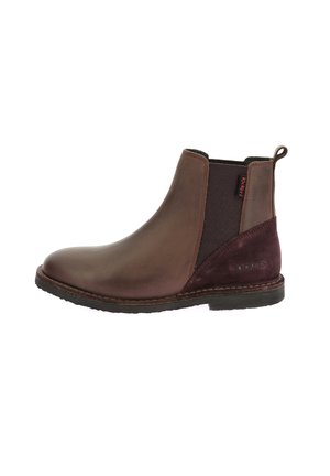 Stivale alla caviglia in pelle marrone con una finitura liscia, pannelli laterali elasticizzati e un accento in suede bordeaux a contrasto. Suola cucita, linguetta sul retro.