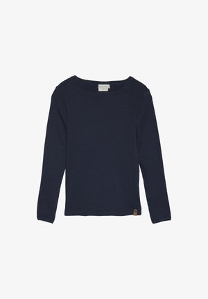 Camiseta de punto de canalé azul marino de manga larga con cuello redondo y pequeña etiqueta marrón en el dobladillo, talla infantil 110.