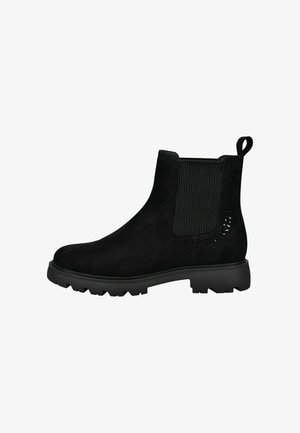 Schwarze Wildleder-Stiefelette mit elastischen Seitenpaneelen und einer Zuglasche. Verfügt über eine dicke Gummisohle mit einem robusten Profilmuster.
