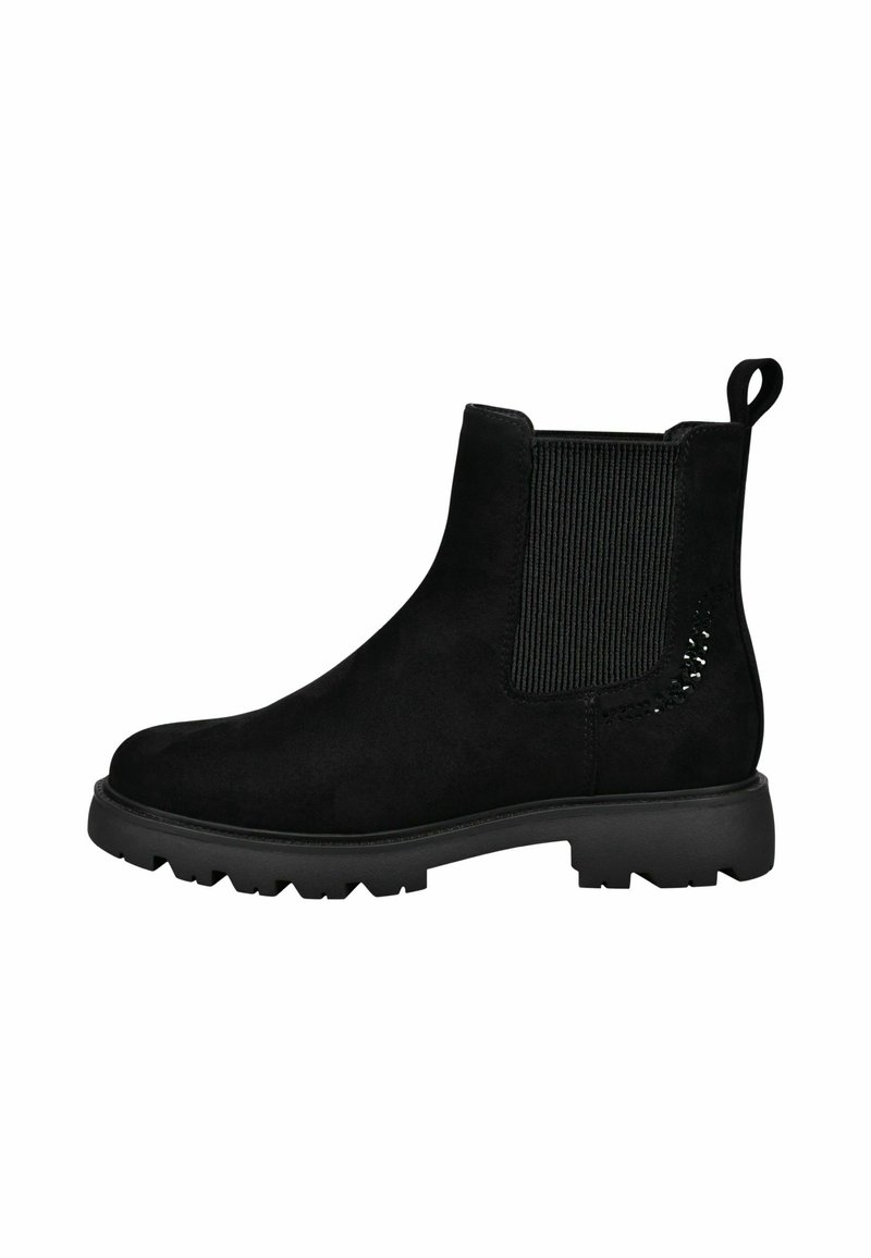 Schwarze Wildleder-Stiefelette mit elastischen Seitenpaneelen und einer Zuglasche. Verfügt über eine dicke Gummisohle mit einem robusten Profilmuster.