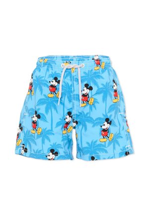 Niebieskie kąpielówki ze białym sznurkiem, z powtarzającymi się wzorami Myszki Miki oraz sylwetkami palm.
