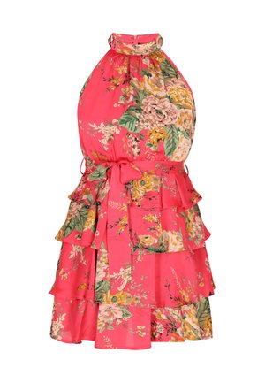 Gėlių liemenėlės suknelė ryškiai rožinės spalvos audinio. Savybės - voluoti sluoksniai, mišrios gėlės geltonos, baltos ir žalios spalvų. Susietas liemens akcentas.