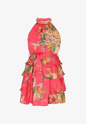 Gėlių liemenėlės suknelė ryškiai rožinės spalvos audinio. Savybės - voluoti sluoksniai, mišrios gėlės geltonos, baltos ir žalios spalvų. Susietas liemens akcentas.