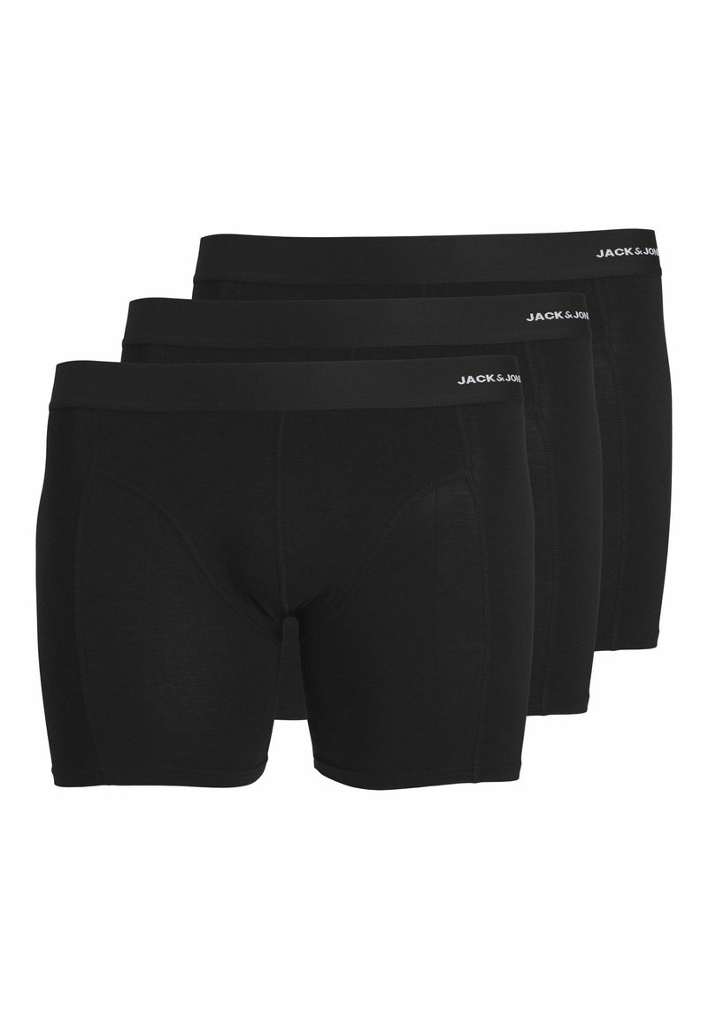 Crne bokserice, trokutasti set, izrađene od glatkog materijala, s širokim elastičnim pojasom na kojem je logotip "JACK & JONES". Bez uzoraka.