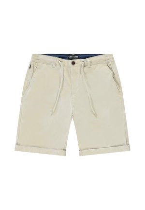 Beige korte broek gemaakt van een lichtgewicht stof, met een tailleband met trekkoord, zijzakken en opgerolde manchetten. Merklipje zichtbaar aan de bovenkant.