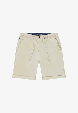 Beige korte broek gemaakt van een lichtgewicht stof, met een tailleband met trekkoord, zijzakken en opgerolde manchetten. Merklipje zichtbaar aan de bovenkant.