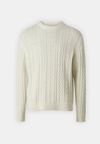 Cream-colored sweater with a textured cable knit pattern, long sleeves, and a ribbed neckline and hem. Soft wool blend fabric.