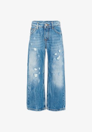 Blauwe wijde jeans met versleten plekken en vervaagde gebieden, voorzien van voorzakken, ceintuurlussen en een knoopsluiting.