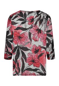 Langarmshirt in Grau mit floralem Muster, das rote und schwarze Blumen sowie dunkle grüne Blätter zeigt. Weicher Stoff mit lockerer Passform.