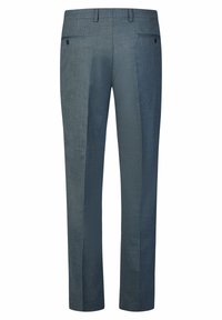 Graue, maßgeschneiderte Hose aus strukturiertem Stoff, mit schmaler Passform und zwei Gesäßtaschen mit Knopfverschluss.