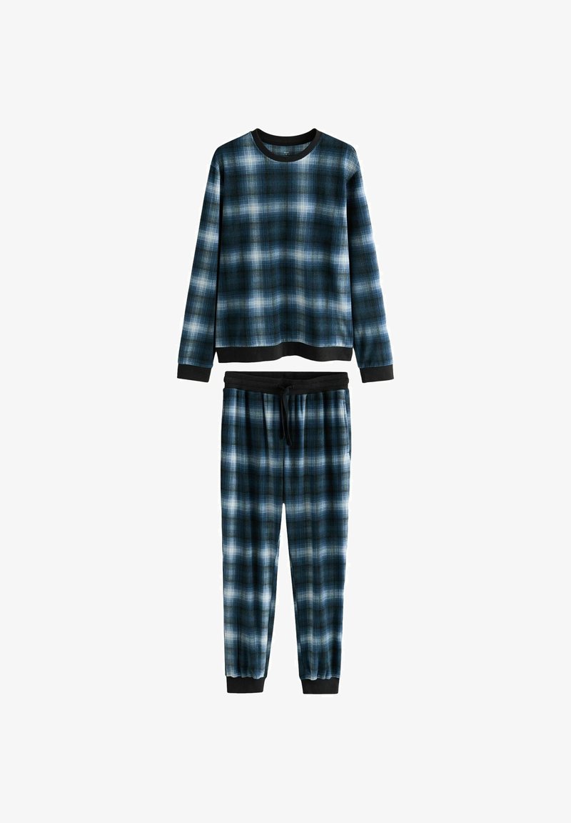 Ensemble de pyjama à carreaux en bleu marine et noir, comprenant des manches longues et un pantalon à taille élastique, fabriqué en tissu doux avec des bordures noires.