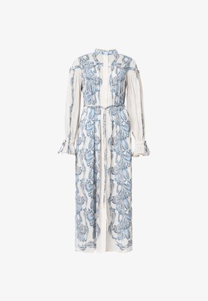Weißes langärmliges Maxikleid mit blauem Paisley-Muster, Knopfleiste vorne, hohem Kragen, Puffärmeln und Taillengürtel.