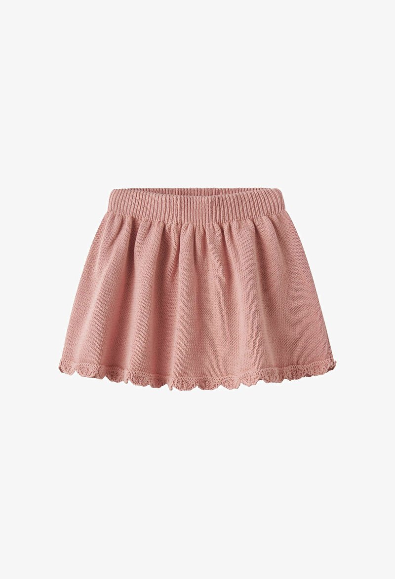 Roze gebreide babyskirt met elastische tailleband en een zoom met gegolfde rand.