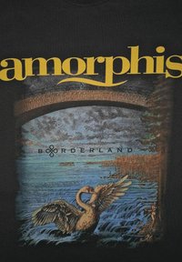 Maglietta nera in cotone con una grande stampa grafica che presenta un testo dorato "amorphis" sopra una scena fluviale con cigni e un ponte.