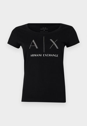 Black cotton t-shirt with a scoop neckline. Features rhinestone detail spelling "A|X" above "ARMANI EXCHANGE" in white text.