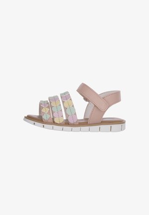 Sandales en cuir rose avec des accents circulaires et en losange de couleurs pastel sur les brides. Elles comportent une semelle en caoutchouc blanche et une bride ajustable.