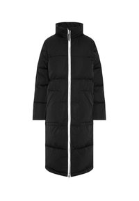 Schwarze, puffy Jacke, knielang, hoher Kragen, Frontreißverschluss mit weißem Reißverschluss und zwei Seitentaschen. Glatte Textur, gestepptes Muster.