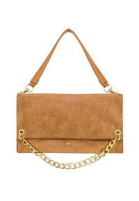 Borsa a mano in suede beige con un design piatto, caratterizzata da un accento in catena dorata e una tracolla in pelle rimovibile. Texture liscia con un aspetto minimalista.