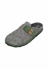 Zapatilla de fieltro de lana en gris con una correa de acento verde y un parche de logo marrón, que cuenta con una suela texturizada para un buen agarre y comodidad.
