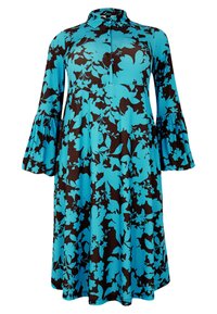 Blumenkleid in Blau und Schwarz mit langen Glockenärmeln, Kragen und Knopfdetails. Hergestellt aus weichem Stoff mit einem lockeren, fließenden Design.