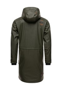 Dark green waterproof coat with a hood, long sleeves, side pockets, and logo details near the shoulders. Smooth texture, knee-length design.