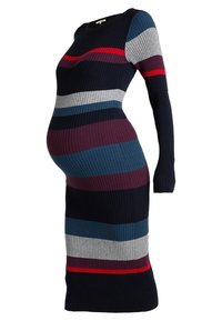 Dlouhý pruhovaný šaty s dlouhým rukávem v námořnické modré, šedé, červené a modré ribbované pletenině. Přiléhavý silueta, navržená pro těhotenské nošení s mírným pružením.
