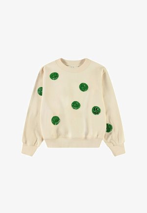 Felpa crema con pois verdi in paillettes, polsini e scollatura a costine, e una vestibilità morbida. Texture morbida, design casual.