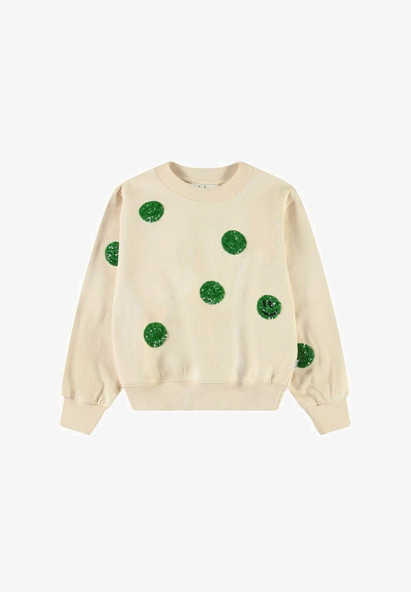 Kremowy sweatshirt z zielonymi cekinowymi kropkami, żebrowanymi mankietami i dekoltem oraz luźnym krojem. Miękka tekstura, casualowy styl.