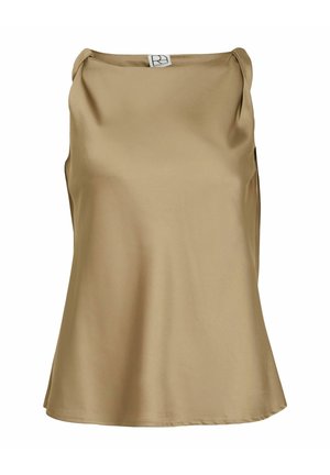 Ermeløs beige satengbluse med rett utringning og lette rynker på skuldrene, vist på hvit bakgrunn.