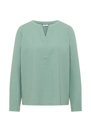 Hellgrüne strukturierte Bluse mit langen Ärmeln, rundem Schlitz-Ausschnitt und geknöpften Manschetten.