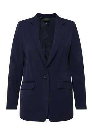 Navyblauwe blazer met een enkele knoopsluiting, twee voorzakken, notch-revers en een gladde stofstructuur.