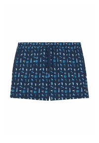 Marineblaue Schwimmshorts mit einem Kordelzugbund, der ein Muster von strandbezogenen Symbolen in Blau und Grün zeigt, darunter Leuchttürme und Sonnenschirme.
