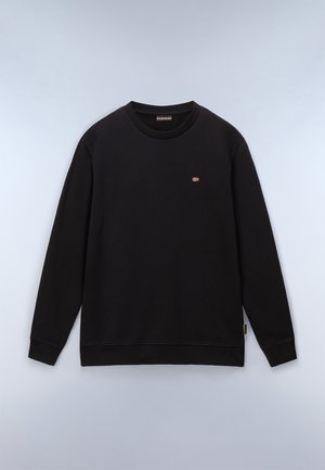 Black unisex sweatshirt made from cotton, featuring a crew neckline, ribbed cuffs, and a small red and white logo on the chest.