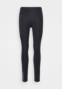 Leggings sportivi neri realizzati in materiale elasticizzato. Presentano una vita alta, gambe affusolate e dettagli a strisce bianche all'orlo.