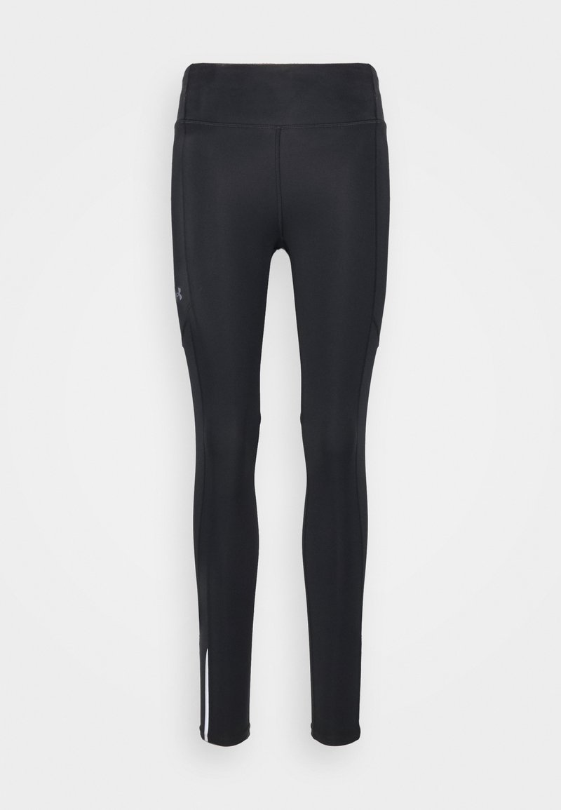 Leggings sportivi neri realizzati in materiale elasticizzato. Presentano una vita alta, gambe affusolate e dettagli a strisce bianche all'orlo.