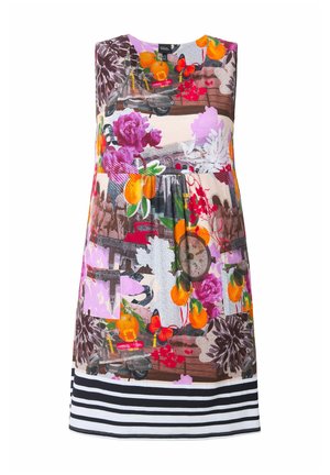 Ärmelloses, mehrfarbiges Kleid mit Blumen- und Obstmustern, mit einem gestreiften Saum. Hergestellt aus leichter Stoffqualität, mit lässigem Schnitt und Rundhalsausschnitt.