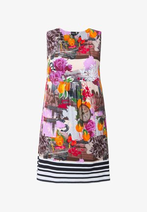 Vestido sin mangas multicolor con patrones de flores y frutas, con un dobladillo a rayas. Fabricado en tejido ligero, con un corte holgado y cuello redondo.