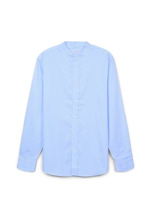 Camicia azzurra chiara con strisce bianche verticali, colletto alla cinese, maniche lunghe e vestibilità regular. Tessuto in cotone morbido.