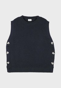 Pull en tricot sans manches bleu marine avec une texture côtelée et des accents de boutons métalliques sur le côté. Encolure ronde, design cropped.